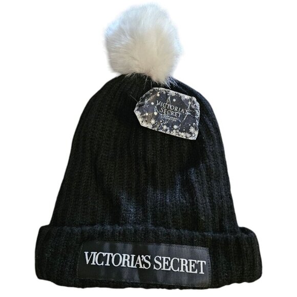 Victoria's Secret Winter Angel Collection Logo Pom Pom Beanie, Black - Picture 1 of 4